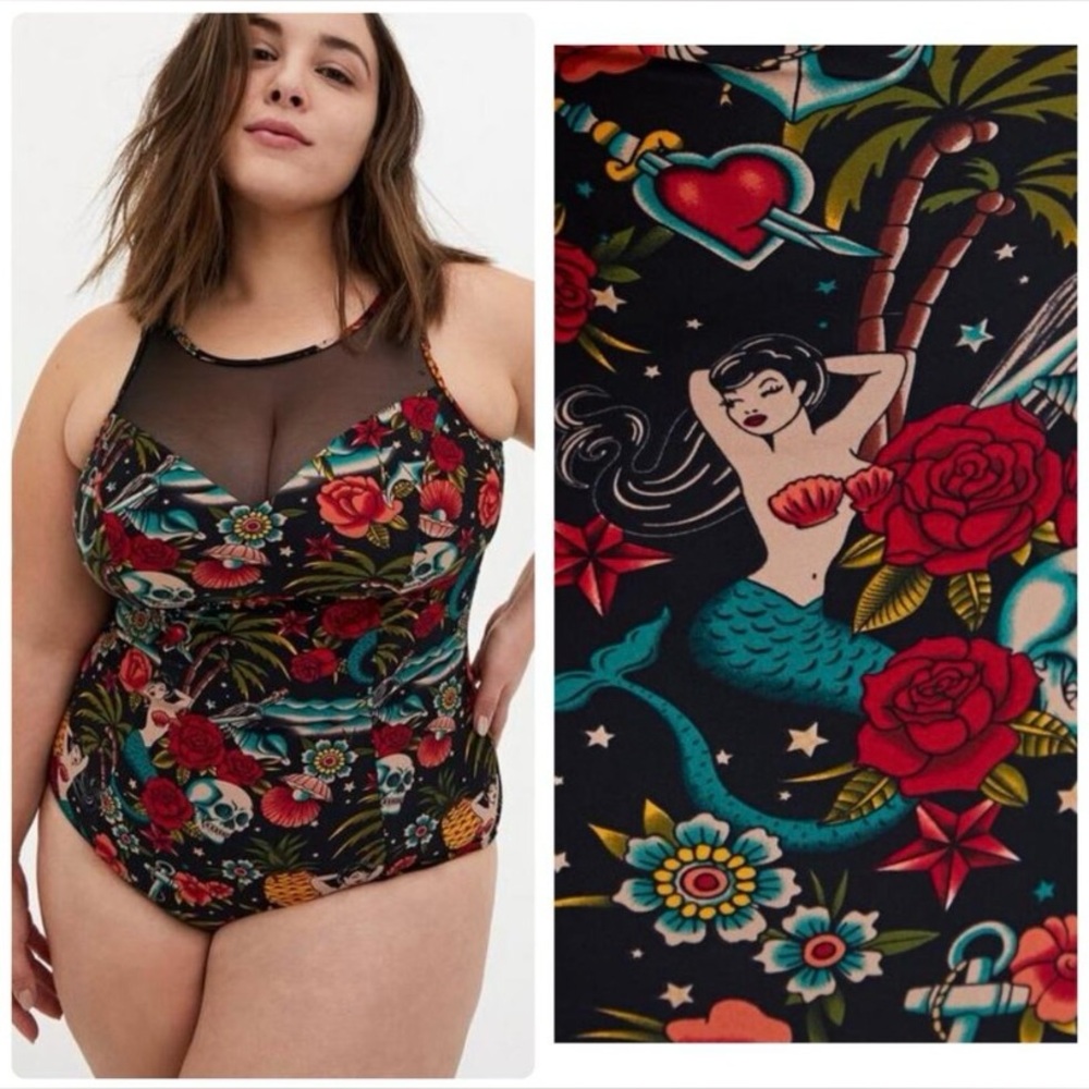 Torrid Womens Floral Mermaid Skull Wireless Mesh One Piece Swimsuit Plus Size 1X